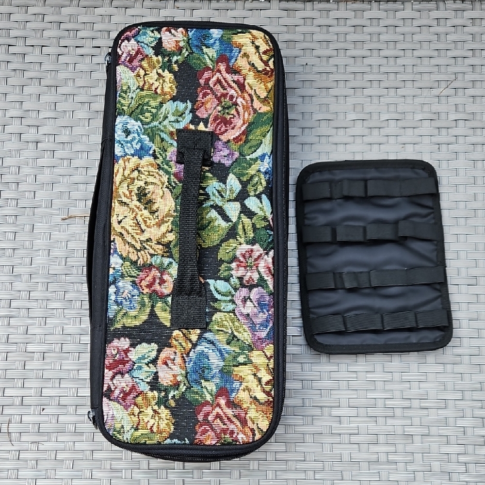 *Vintage Floral Tapestry Zippered  18 " Long Craft Travel Storage Bag Case Black